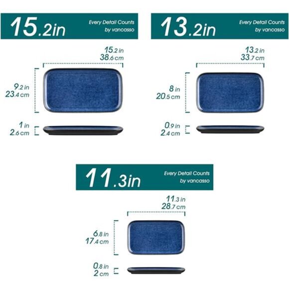 set of 3 blue rectangular serving platters trays kitchen dining party appetizer - Picture 3 of 7